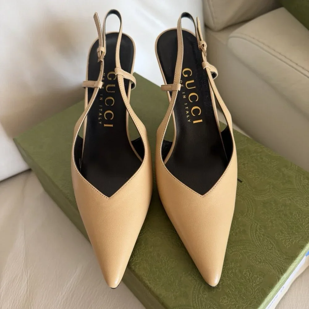NEW Gucci Metal Heel Slingback Pumps Sz 37.5 100% Authentic Nude - Picture 6 of 10